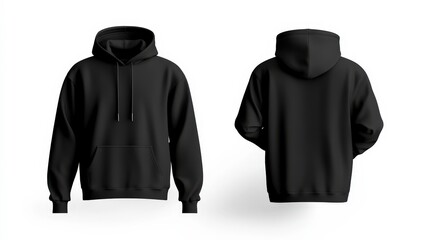 Blank Black Hoodie Template Mockup with Front and Back Views on White Background for Designers and Mockups