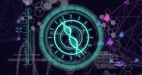 Wall Mural - Animation of scientific data processing over scope with dna strand