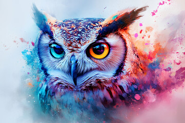  A colorful, abstract portrait of an owl with one blue eye and one yellow eye, set against a backdrop of vibrant splattered paint.