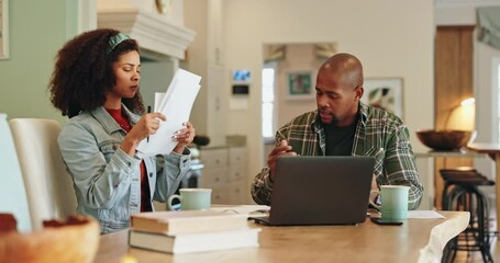 Poster - Couple, laptop and documents with fight in home for budget mistake, mortgage inflation and tax fail. Angry woman, man and computer with argument for debt statement, gambling addiction and bankruptcy