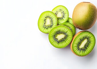 Kiwi Fruit and Slices on White Background