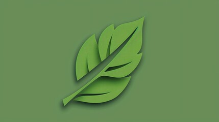 Wall Mural - A paper cut out green leaf with shadow on a green background.