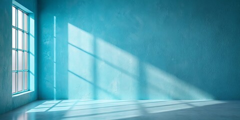 Abstract light blue background with shadows and light from windows on a plaster wall for product presentation