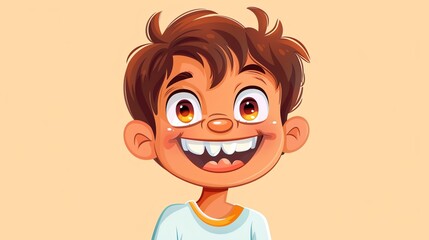 Wall Mural - A cartoon boy with brown hair and a big smile.