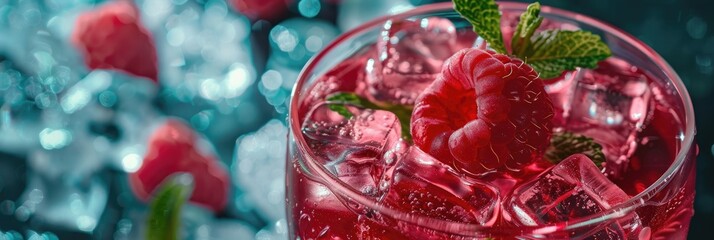 Wall Mural - Refreshing Raspberry Mint Cocktail with Ice Cubes in Glass