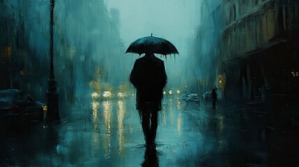 Rainy street with a single pedestrian under a broken umbrella, [solitude], [melancholy in a city setting]