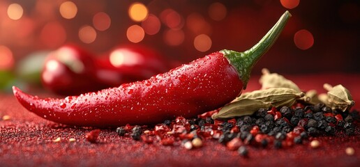 Close-up of a red chili pepper with water droplets on it, surrounded by black peppercorns, red peppercorns, and bay leaves.