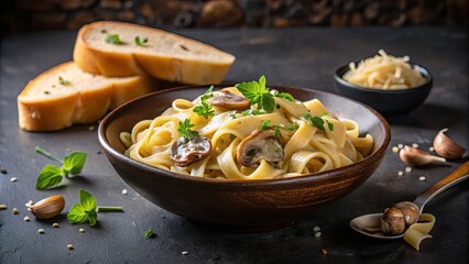 A delicious bowl of pasta with mushrooms and parmesan cheese on a black background, with slices of bread in the foreground and background