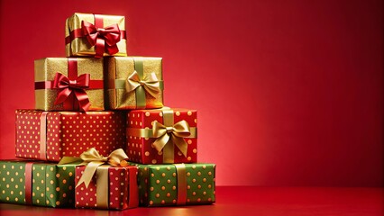 Wall Mural - A festive stack of colorful presents with golden bows on red background