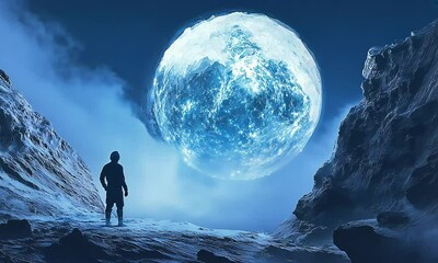 Sticker - Person Gazing at Giant Glowing Moon in Alien Landscape with ai generated.
