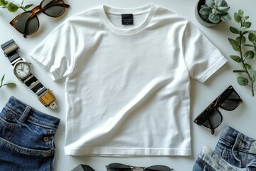 Realistic white Tshirt Flat Lay Mockup created with Generative AI