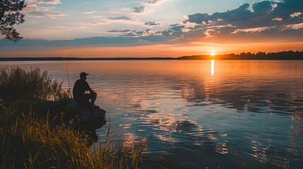 Wall Mural - A lone fisherman sits on a rock by the lake at sunset.