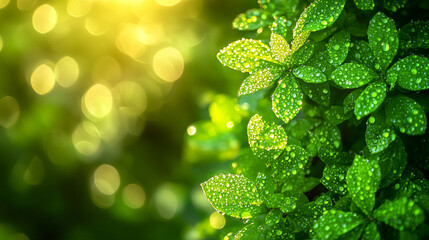 Poster - green leaf adorned with glistening water droplets, symbolizing nature’s resilience and the cycle of life. Represents environmental sustainability, carbon reduction, and the beauty of natural elements