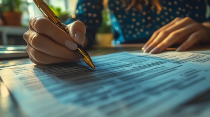 Filling out an application form with detailed financial document, close up, focus on finance paperwork, realistic, Overlay, home office desk backdrop