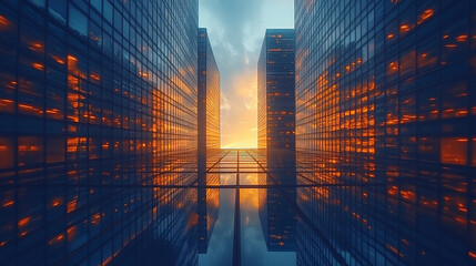 modern skyscrapers reflecting sunlight, symbolizing progress, innovation, and corporate success. The towering office buildings evoke a sense of ambition, growth, and forward-thinking vision