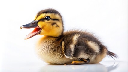 A Mallard duckling with its beak wide open quacking is captured on a white background in this panoramic stock photo, bird, cute, animal, standing, expressive, mallard duck, panorama