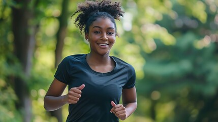 A young woman running in a park.