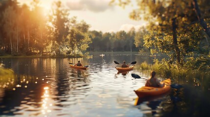 Wall Mural - Three people kayaking on a lake surrounded by trees in the golden hour light.