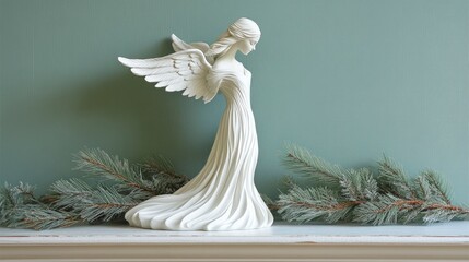 Angel figurine, with white wings, standing on a mantle, surrounded by pine branches