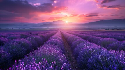 A breathtaking view of a lavender field at sunrise.