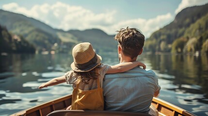 Wall Mural - A father and daughter enjoy a boat ride on a calm lake, surrounded by mountains.