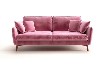 A pink velvet sofa with wooden legs.