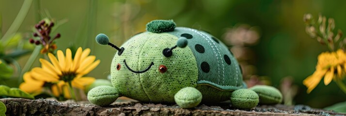 Wall Mural - Tiny green stuffed ladybug toy