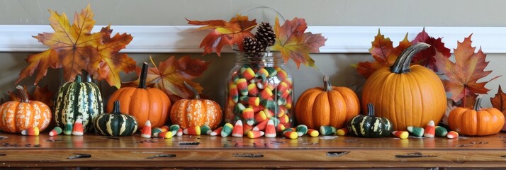 Sticker - Candy corn arranged in glass jars alongside pumpkins, squash, and maple leaves for a festive autumn display.