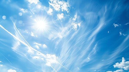 A bright blue sky with white clouds and contrails.