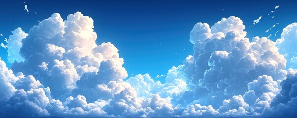 Fluffy white clouds against a bright blue sky.