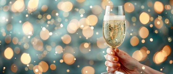 Celebratory toast with a champagne glass against a festive bokeh background, perfect for holiday and celebration themes.