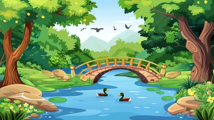 Wall Mural - A cartoon illustration of a wooden bridge over a river with ducks swimming in it.