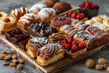 An array of Italian pastries on a wooden board