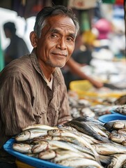 A man is sitting in front of a pile of fish