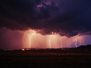 A stormy sky with multiple cloud to ground lightning strikes - ai