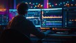 © CYBERUSS - Music Production Studio, A producer working at a computer, with colorful LED lights and multiple screens showing audio waveforms