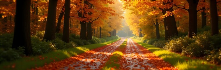 Wall Mural - A serene autumn forest pathway covered with fallen leaves, surrounded by trees with orange and yellow foliage, and bathed in golden sunlight