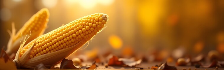 Wall Mural - close-up of two ears of corn with golden kernels, placed on a surface with autumn leaves in a warm, 
