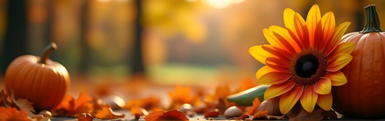 Wall Mural - a sunflower and pumpkins surrounded by fall leaves and acorns, set against a warm autumn backdrop