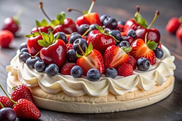 culinary, blueberry, celebration, summer, A close up shot of a delicious Pavlova dessert topped with fresh strawberries cherries and blueberries captured from a wide angle perspective