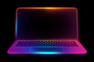 A laptop computer with a blank screen and colorful neon outline on a black background.