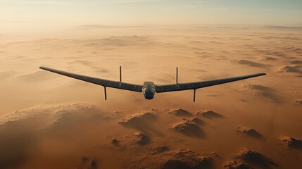 Solar-powered drone, with wide wingspan, gliding over a desert, bright clear sky