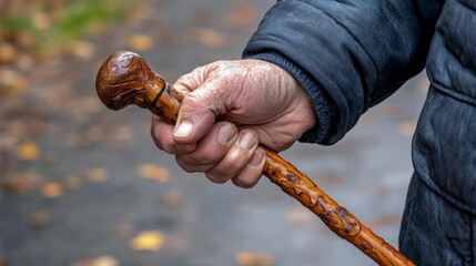 Specialized cane tip, with roller design, close-up of hand gripping cane, sidewalk background