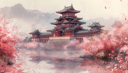 A traditional Asian temple with a red roof and a pond, surrounded by trees with pink blossoms.