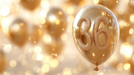 Wall Mural - Bright golden balloon template showing 'Happy Birthday' and the number 36, on a blurred light background. Focus point, no logo, no people.