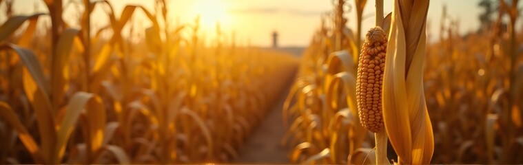 Canvas Print - A golden cornfield at sunset, with a single ear of corn in focus and rows of corn stretching into the distance