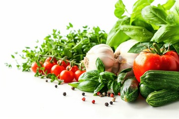 Wall Mural - Fresh organic vegetables and herbs on white background