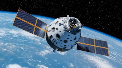 Unmanned spacecraft, orbiting Earth, with solar panels extended, sunlight reflecting off