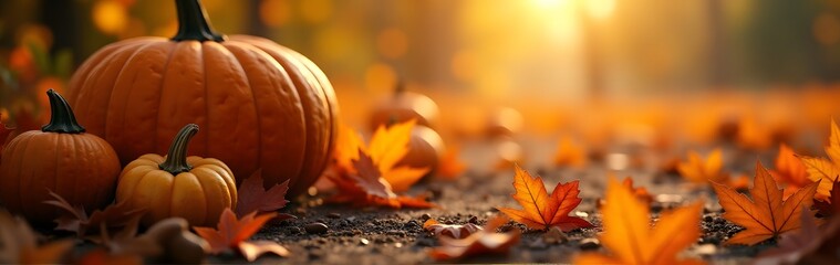 Canvas Print - Pumpkins resting among colorful fallen leaves, bathed in warm autumn sunlight