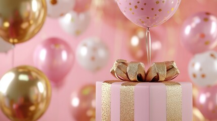 Close-up of a pink and gold gift box with metallic balloons, in a glamorous Happy Birthday template. No logo, no people.